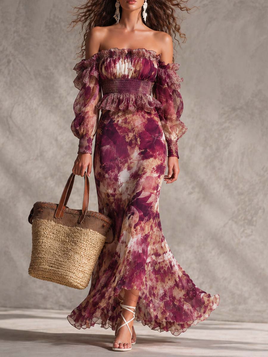 Pink Floral Chiffon Off-Shoulder Maxi Dress