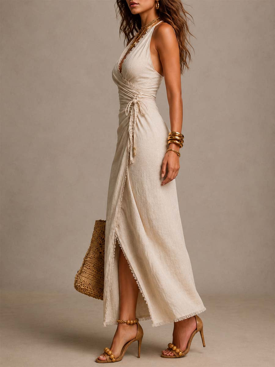 Beige Faux-Linen Wrap Maxi Dress with Lace