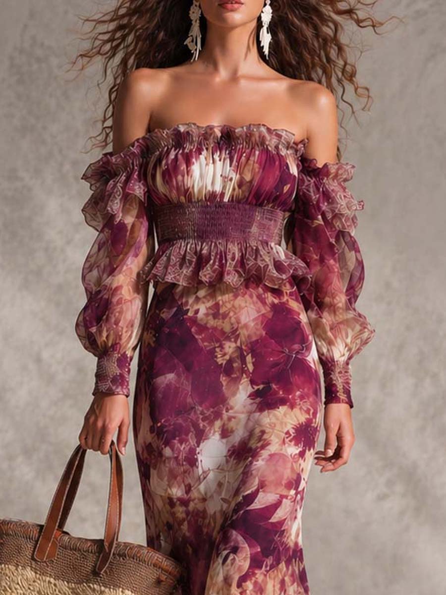 Pink Floral Chiffon Off-Shoulder Maxi Dress