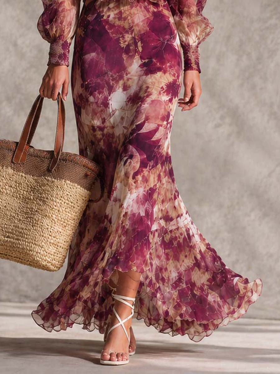 Pink Floral Chiffon Off-Shoulder Maxi Dress