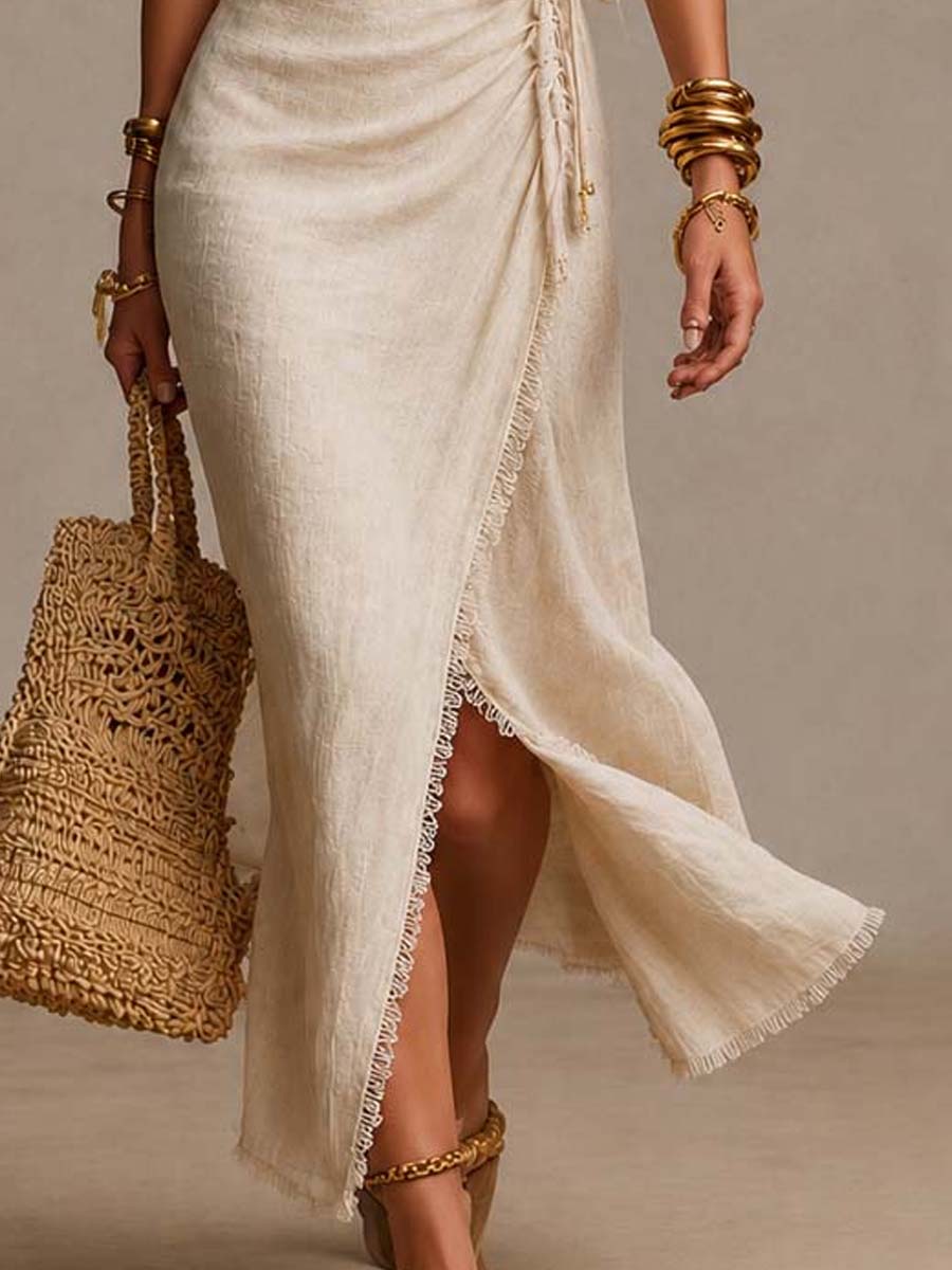 Beige Faux-Linen Wrap Maxi Dress with Lace