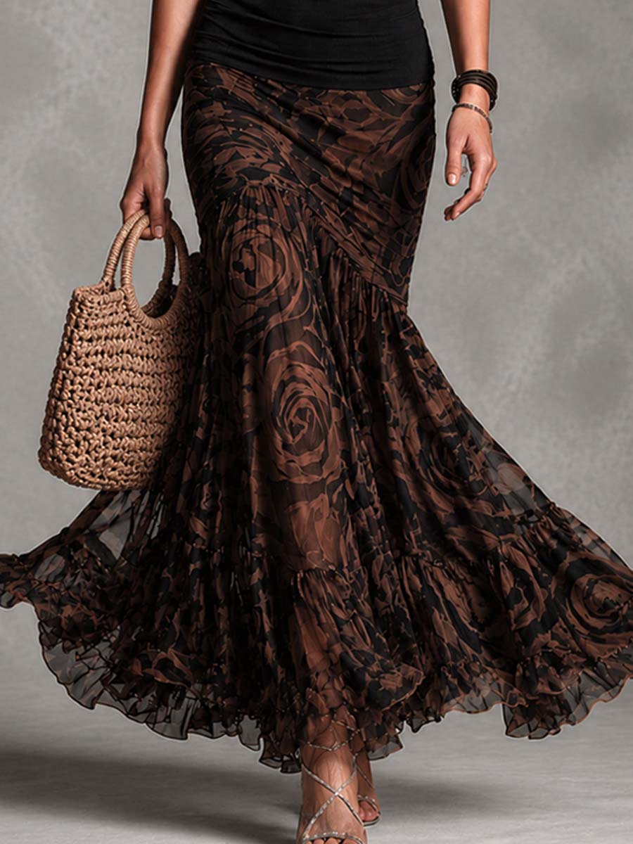 Retro Black Tank and Brown Printed Mesh Mermaid Skirt Set