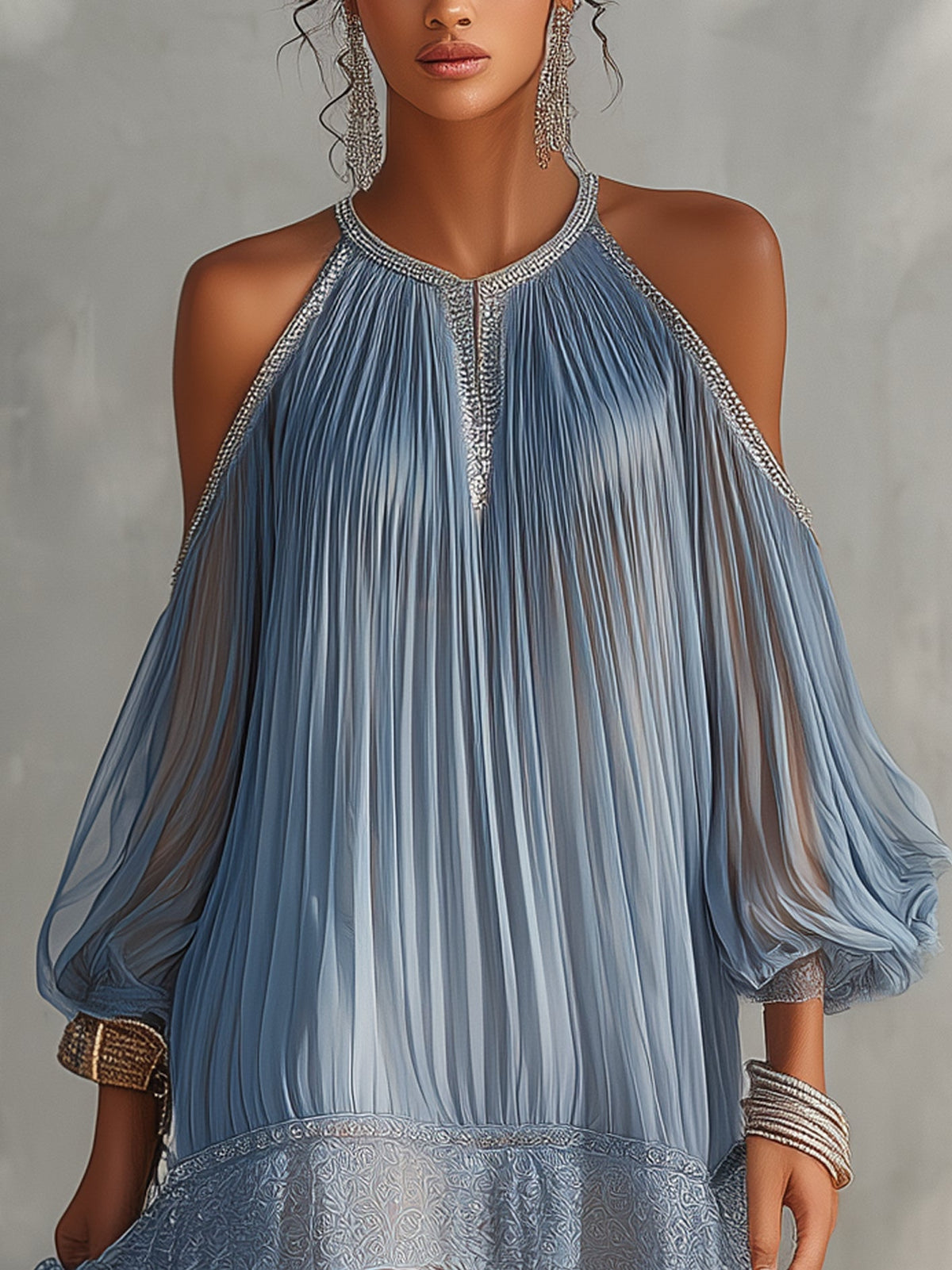 Blue Off-Shoulder Ruffled Mini Dress with Lace Hem
