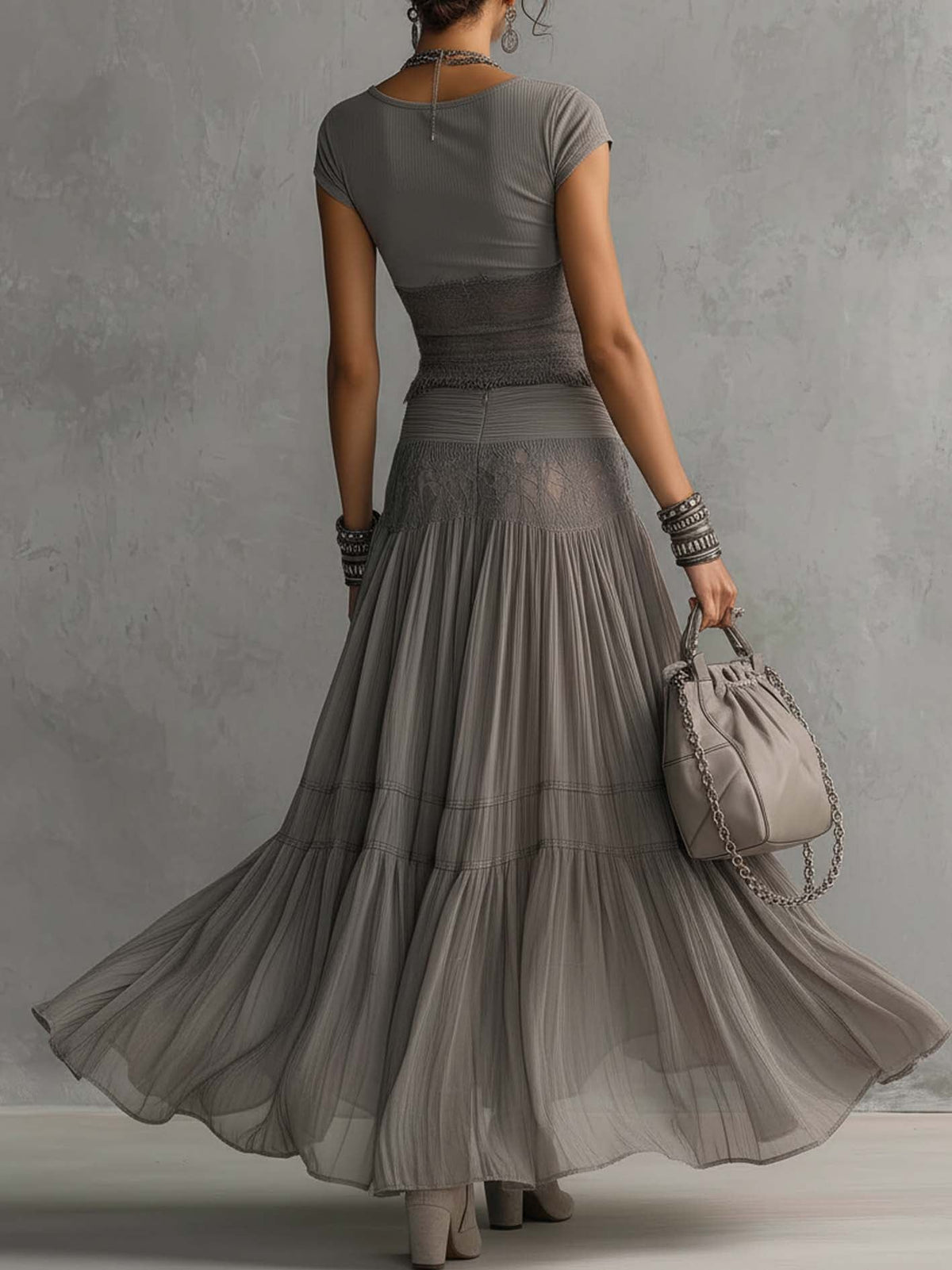 Sheer Grey Lace Top and Pleated Maxi Skirt Set