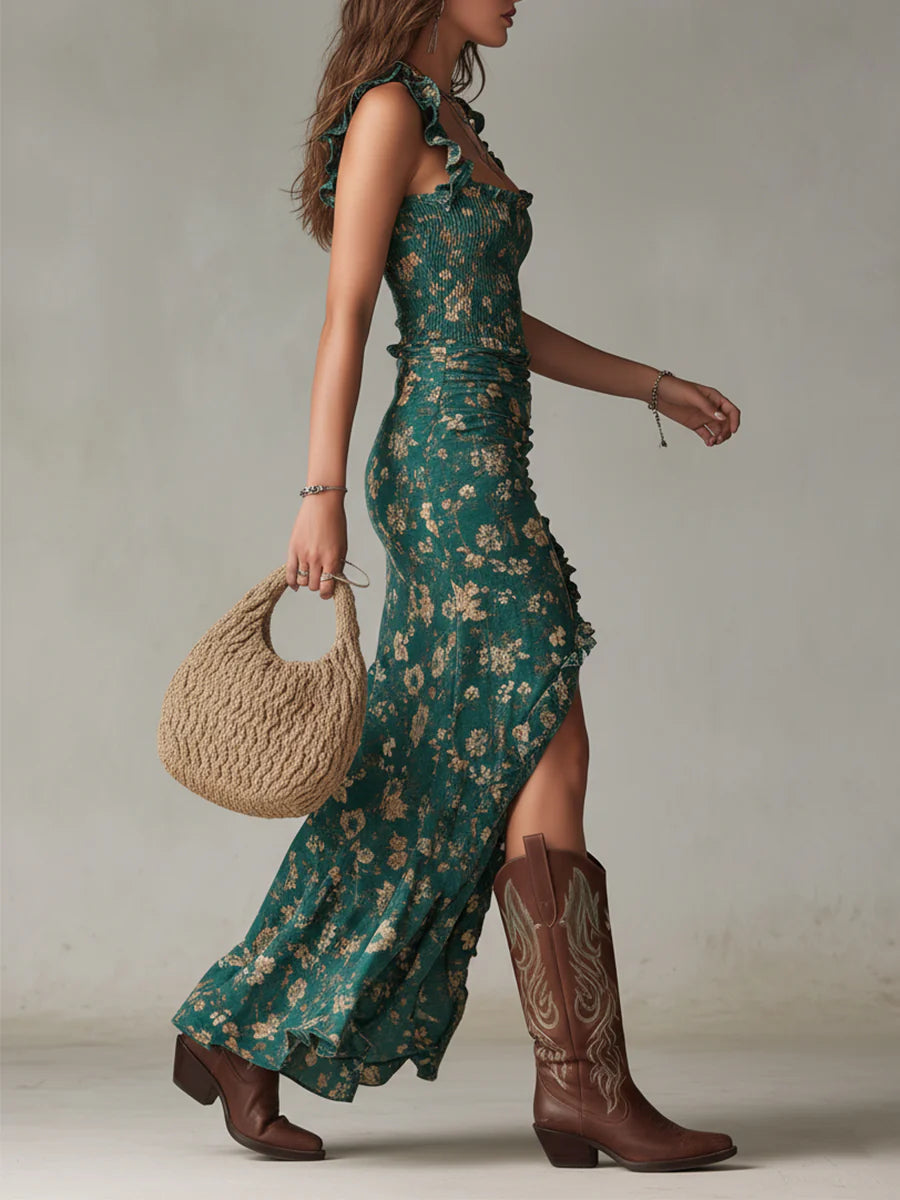 Bohemian Green Print Maxi Dress with Ruffle Sleeves