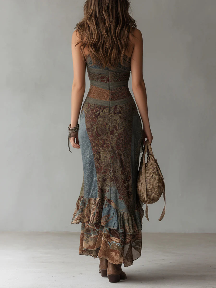 Ethnic Print Maxi Dress with Off-Shoulder Detail and High Slit