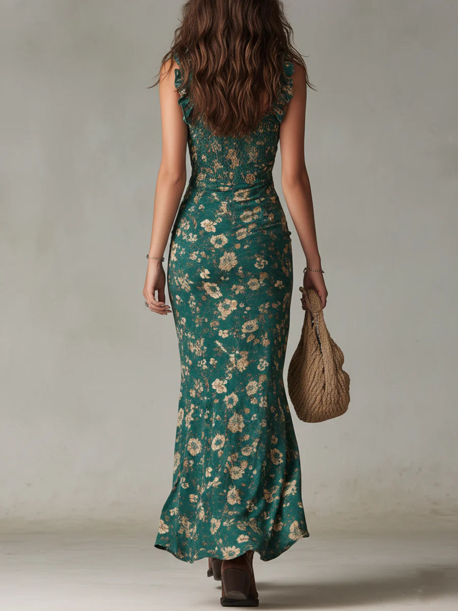 Bohemian Green Print Maxi Dress with Ruffle Sleeves