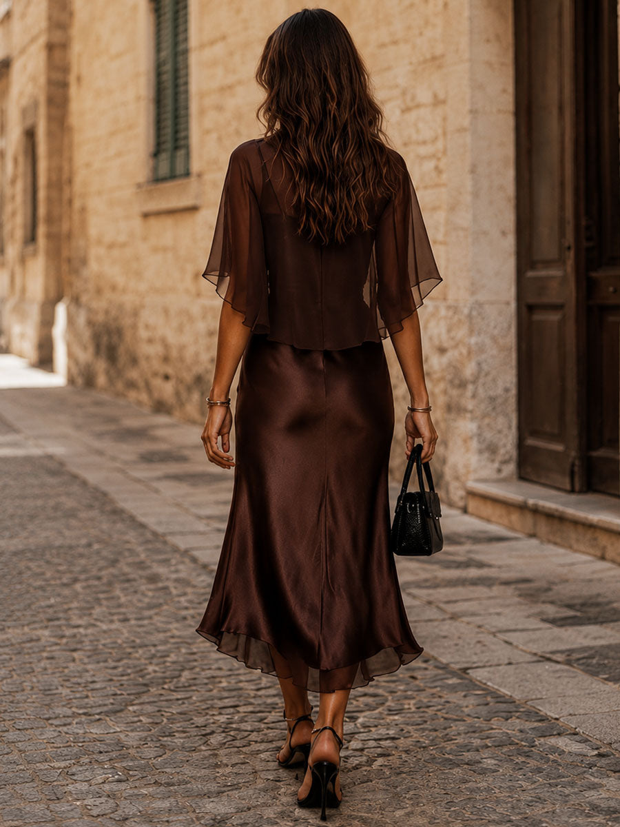 Two-Piece Set: Brown Chiffon Blouse and Satin Midi Dress