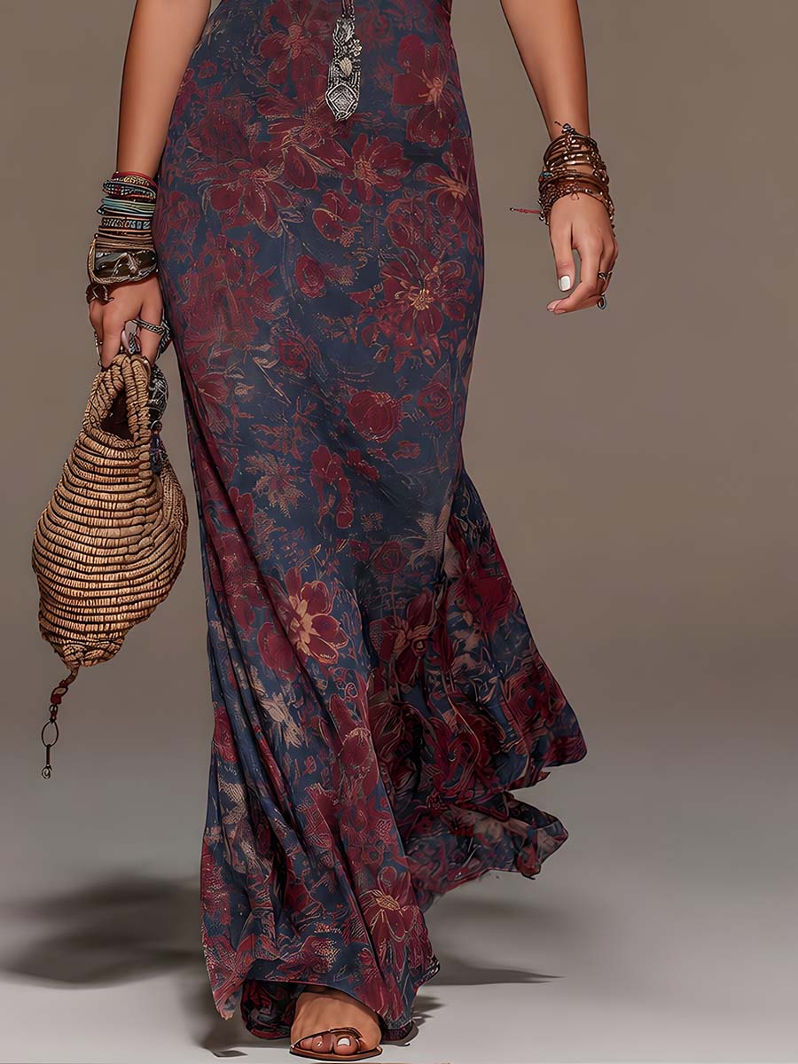 Retro Lace Fishtail Maxi Dress with Halter Neckline