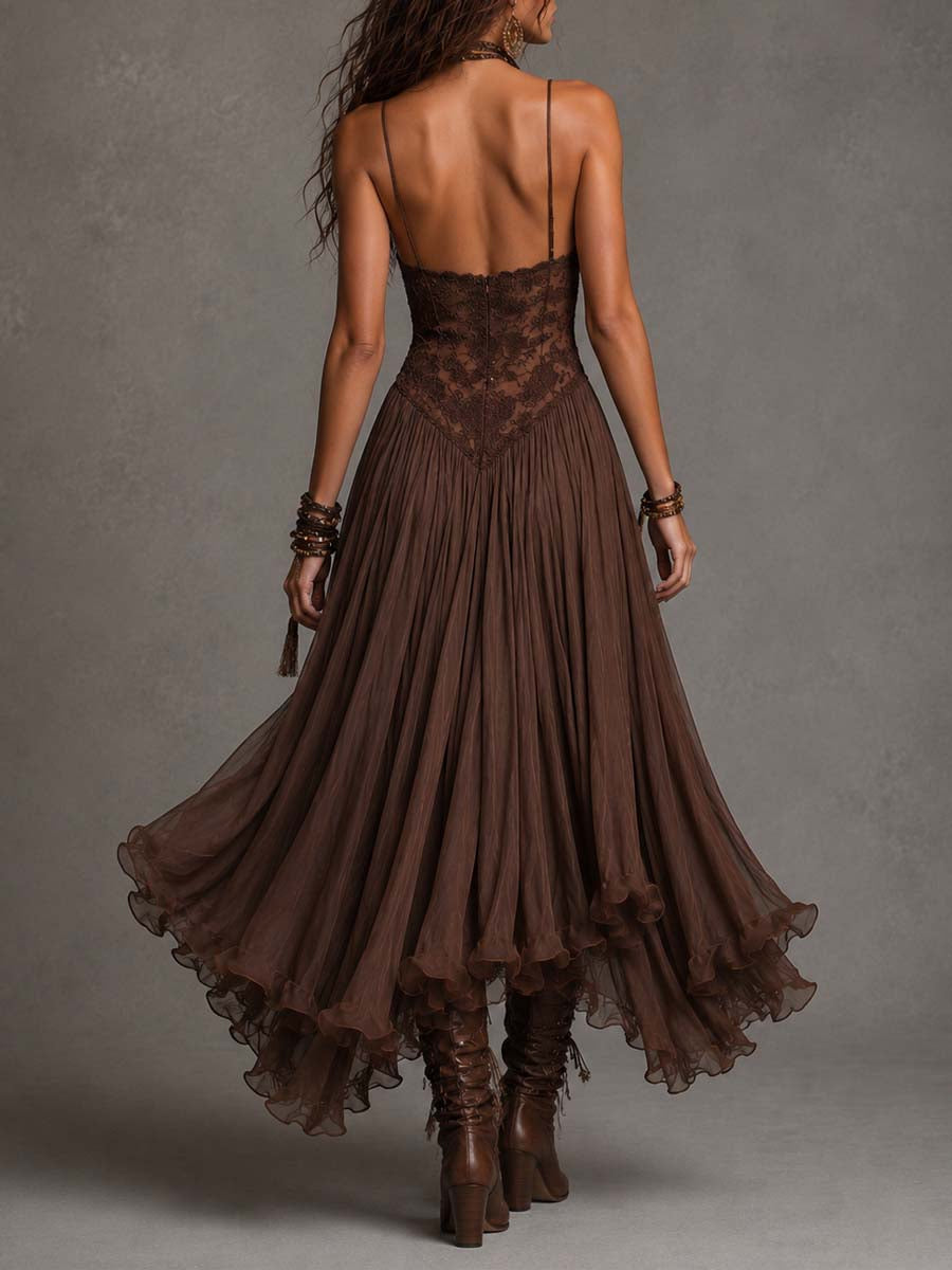Dark Brown Chiffon Maxi Dress with Lace Panels