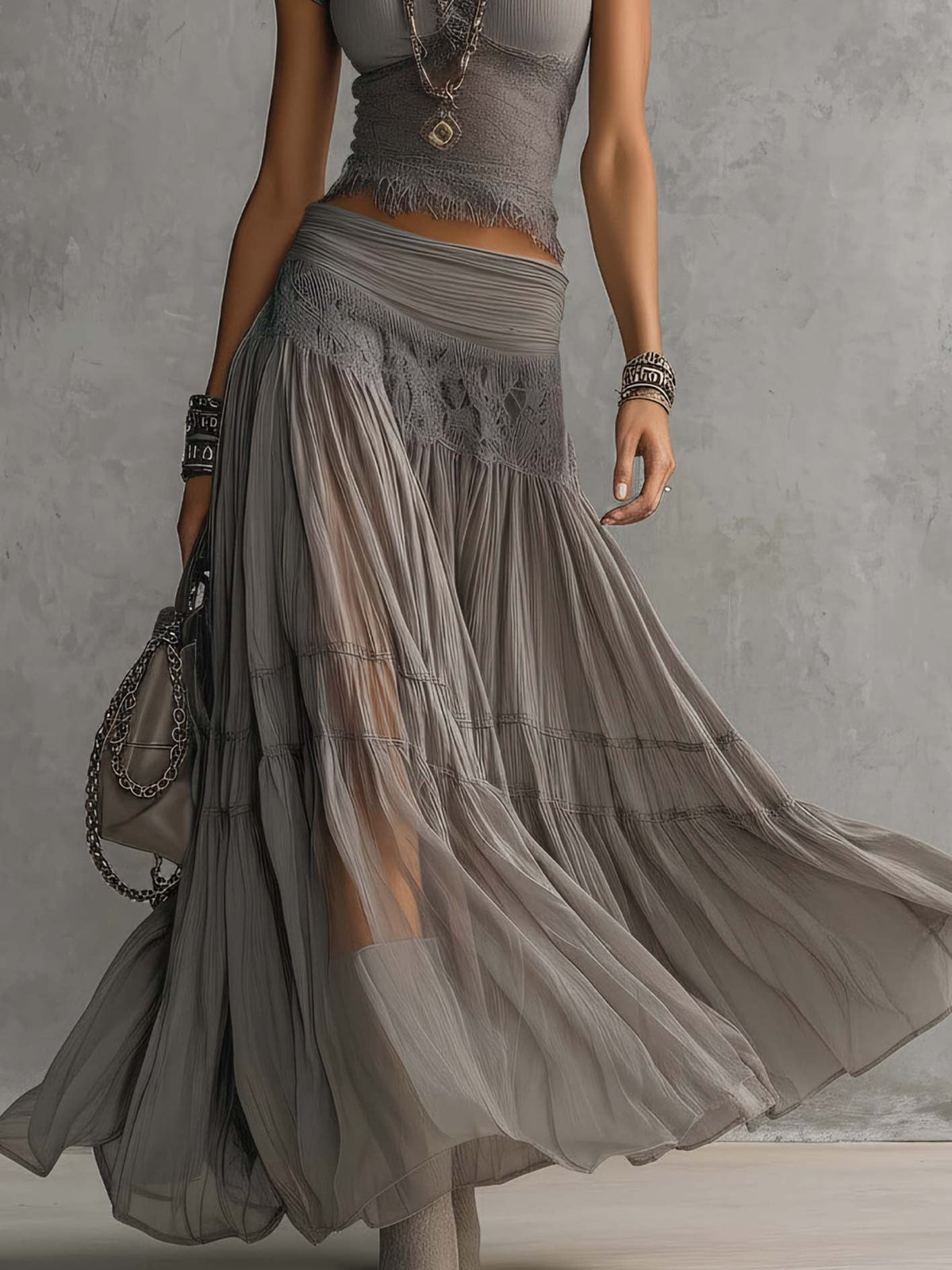 Sheer Grey Lace Top and Pleated Maxi Skirt Set