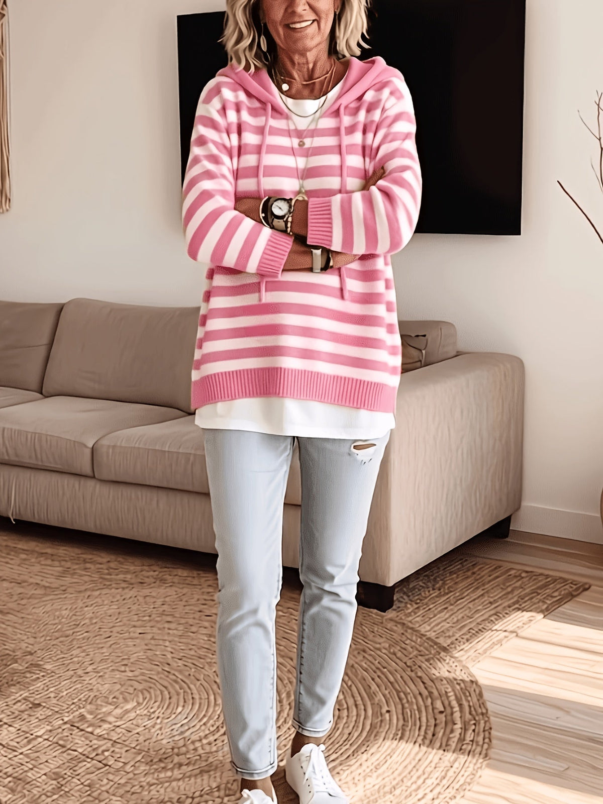 Raphaela™ | Striped Batwing Hooded Sweater