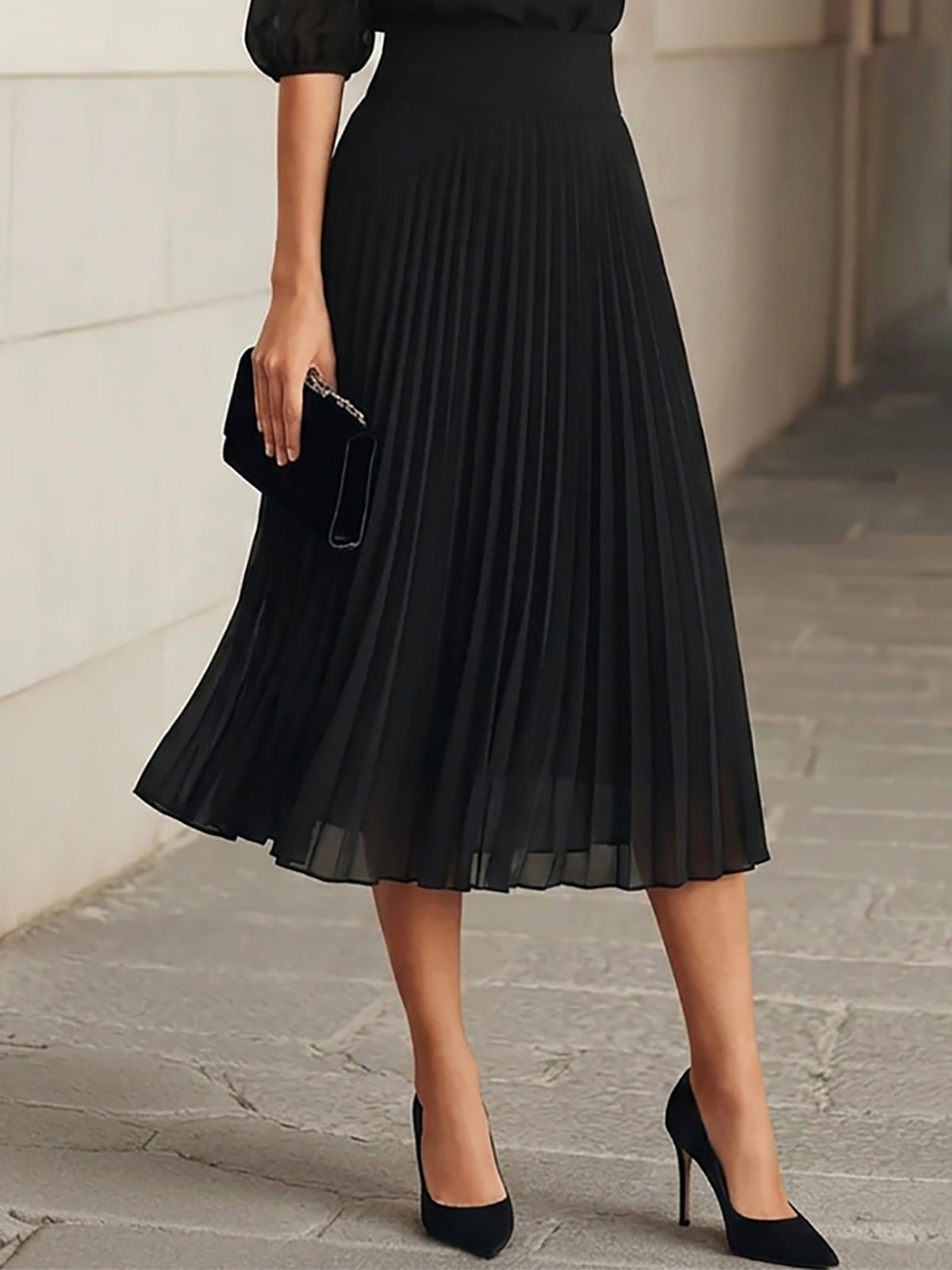 Three-Piece Set: Black Chiffon Top and Pleated Midi Skirt