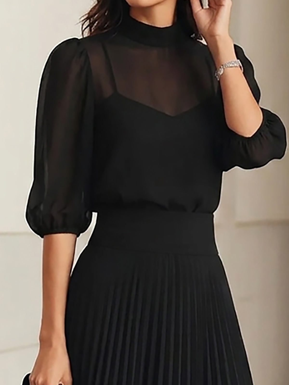Three-Piece Set: Black Chiffon Top and Pleated Midi Skirt