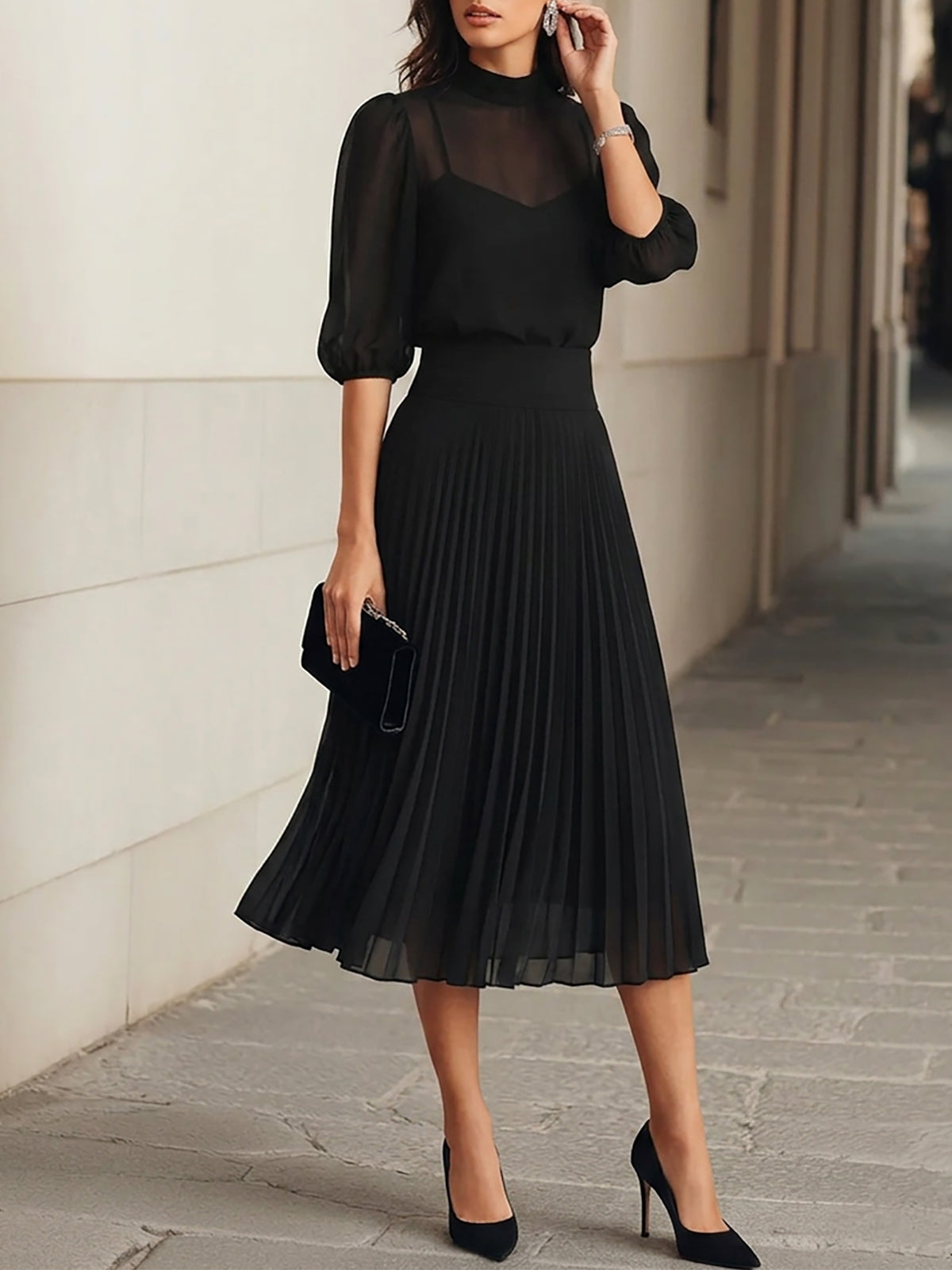 Three-Piece Set: Black Chiffon Top and Pleated Midi Skirt