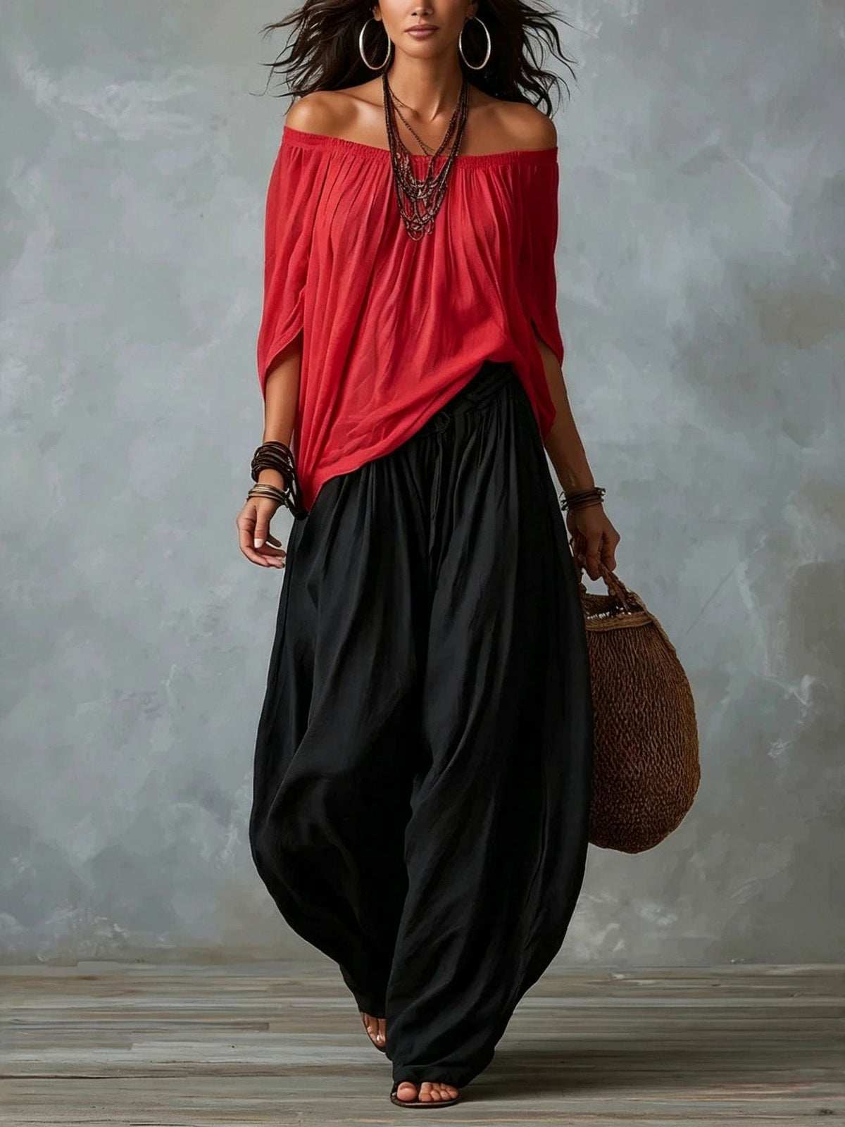 White Off-the-Shoulder Top and Wide Lantern Pants Set