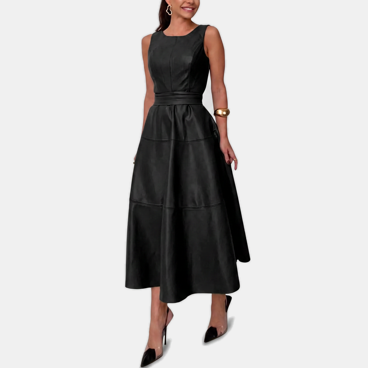 Odile | Faux Leather Belted A-Line Midi Dress