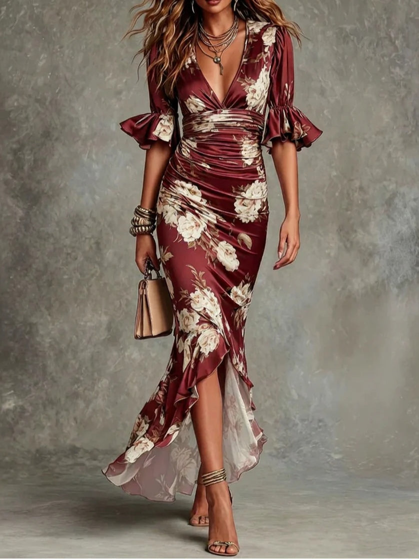 Asymmetric Green Satin Maxi Dress with Ruffled Bell Sleeves and V-Neck