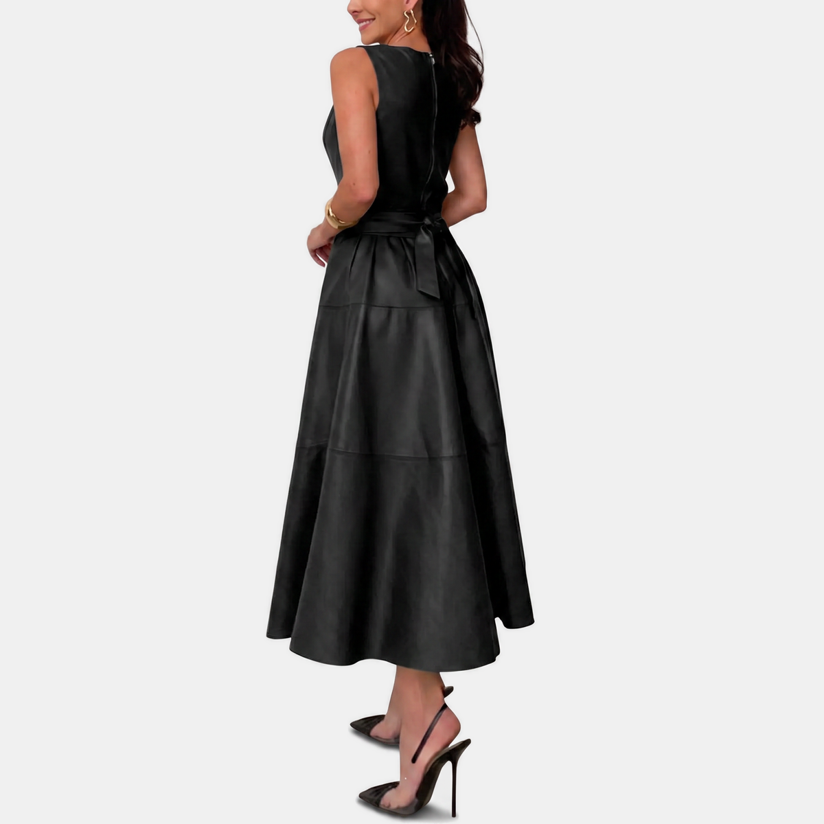 Odile | Faux Leather Belted A-Line Midi Dress
