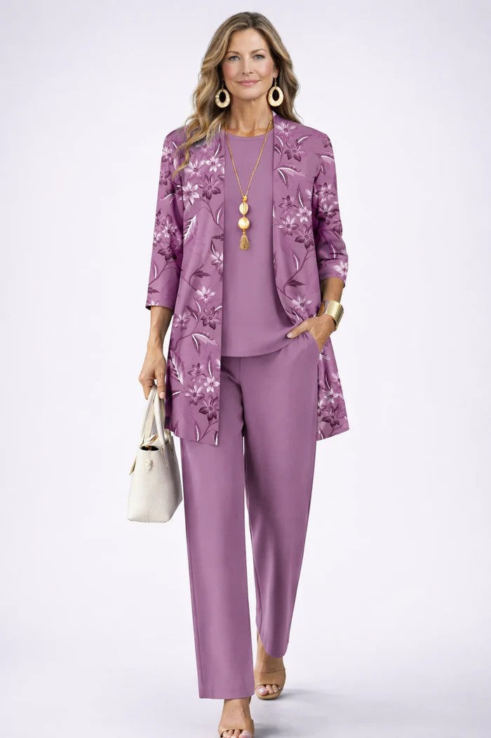 Carmen™ | Elegant 3-Piece Set with Long Cardigan and Trousers | Purple