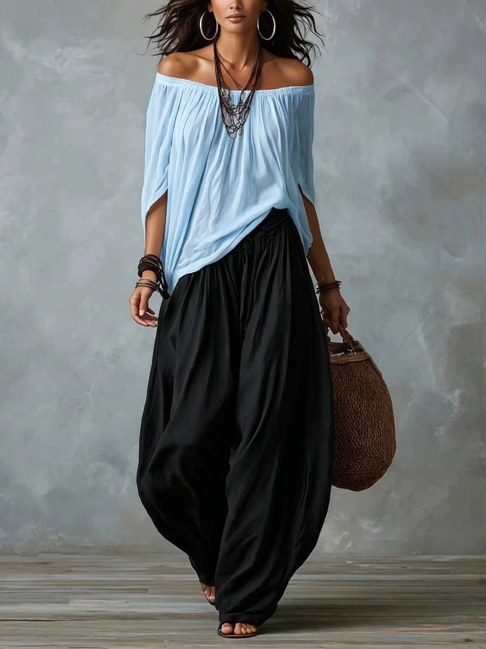 White Off-the-Shoulder Top and Wide Lantern Pants Set