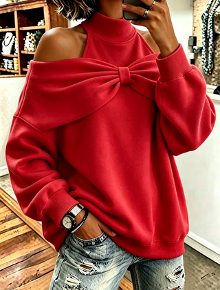 Skylar Bow-Accent Off-Shoulder Sweatshirt - front
