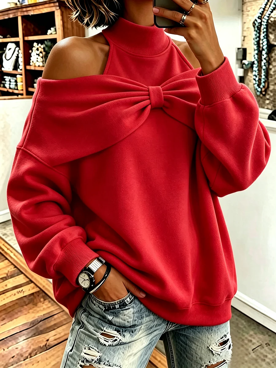Skylar Bow-Accent Off-Shoulder Sweatshirt - front