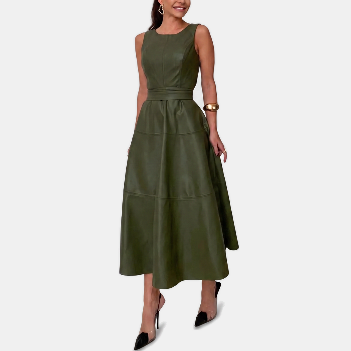 Odile | Faux Leather Belted A-Line Midi Dress