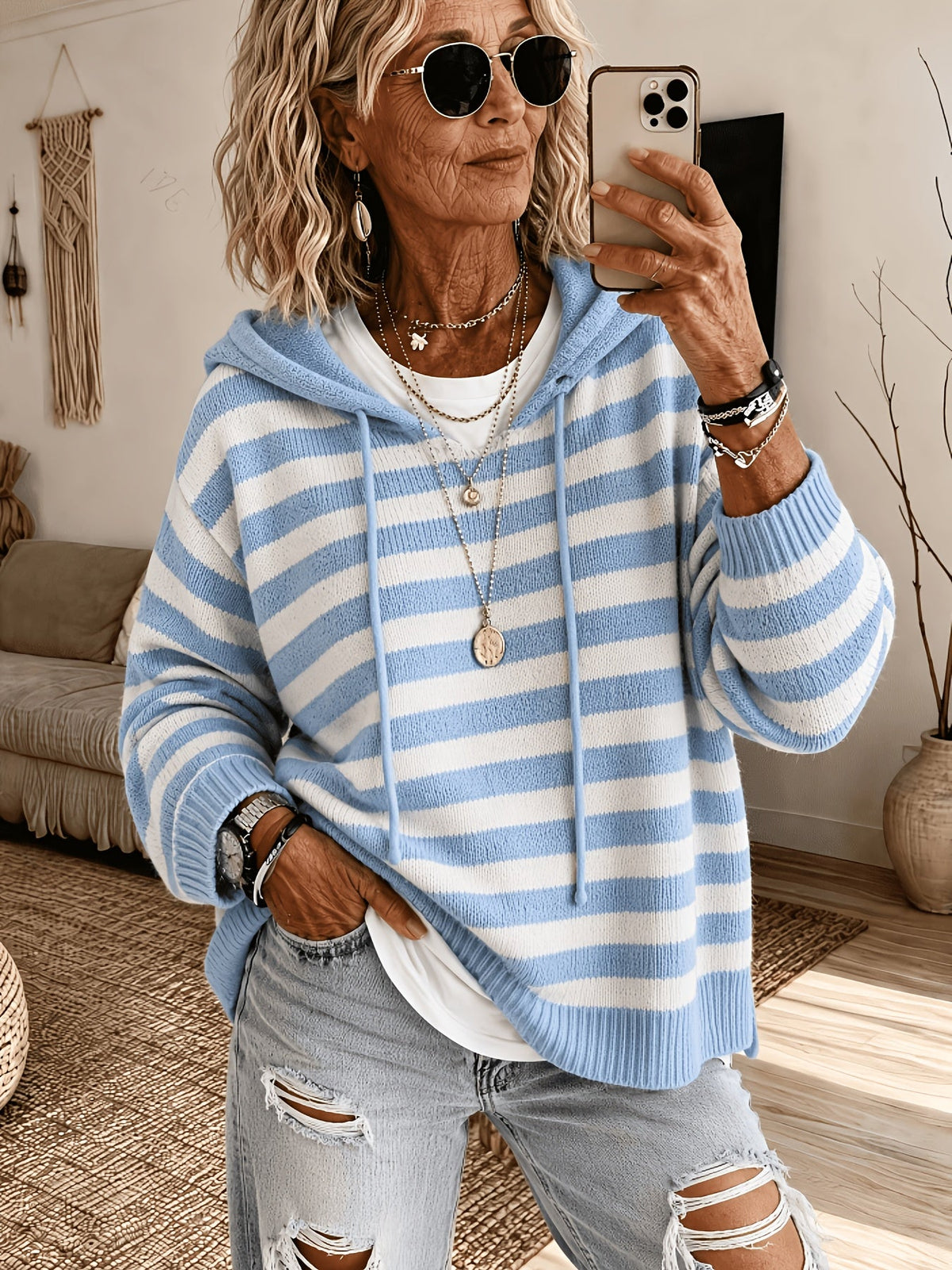 Raphaela™ | Striped Batwing Hooded Sweater