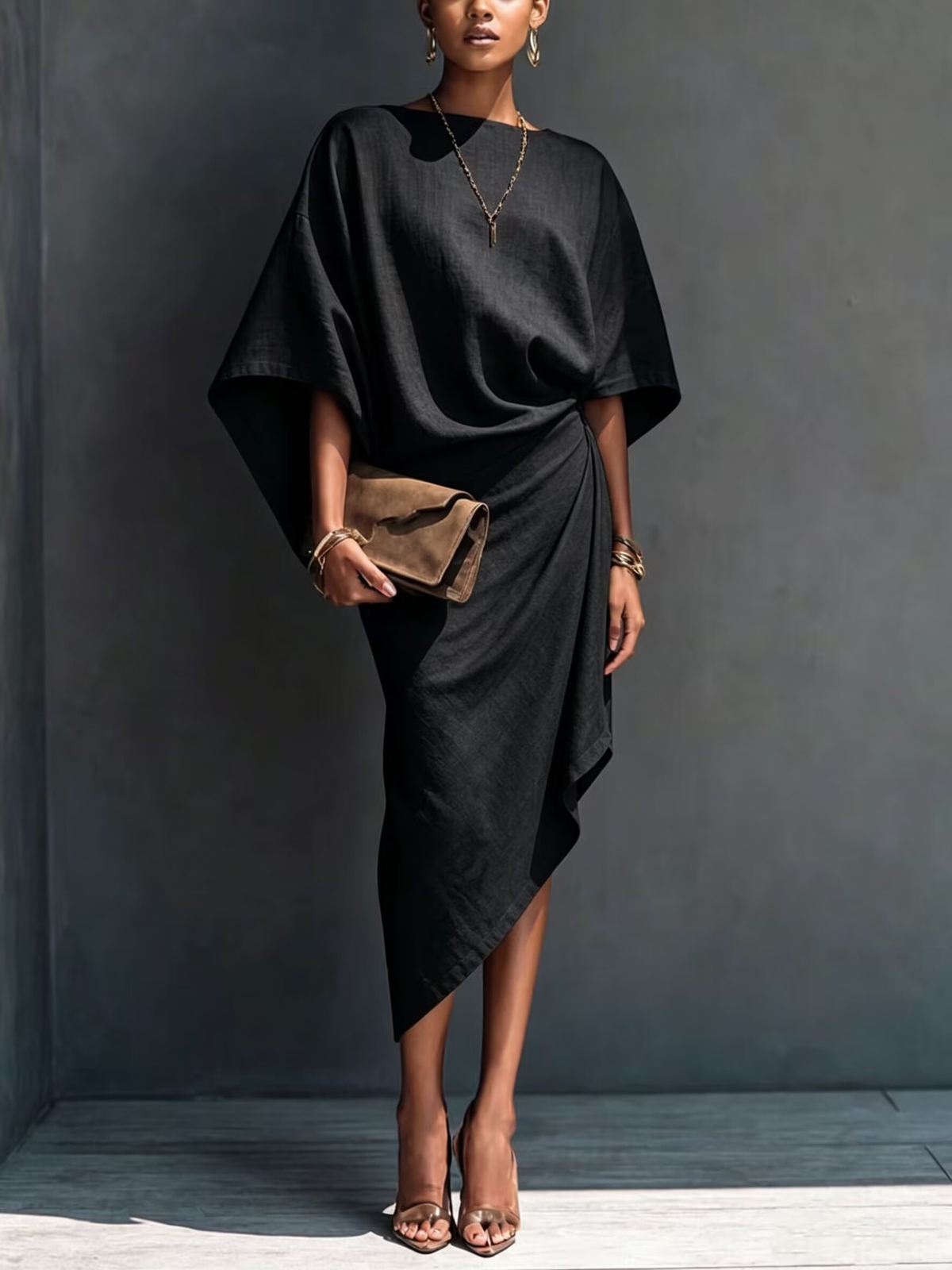 Asymmetric Draped Khaki Midi Dress with Short Sleeves