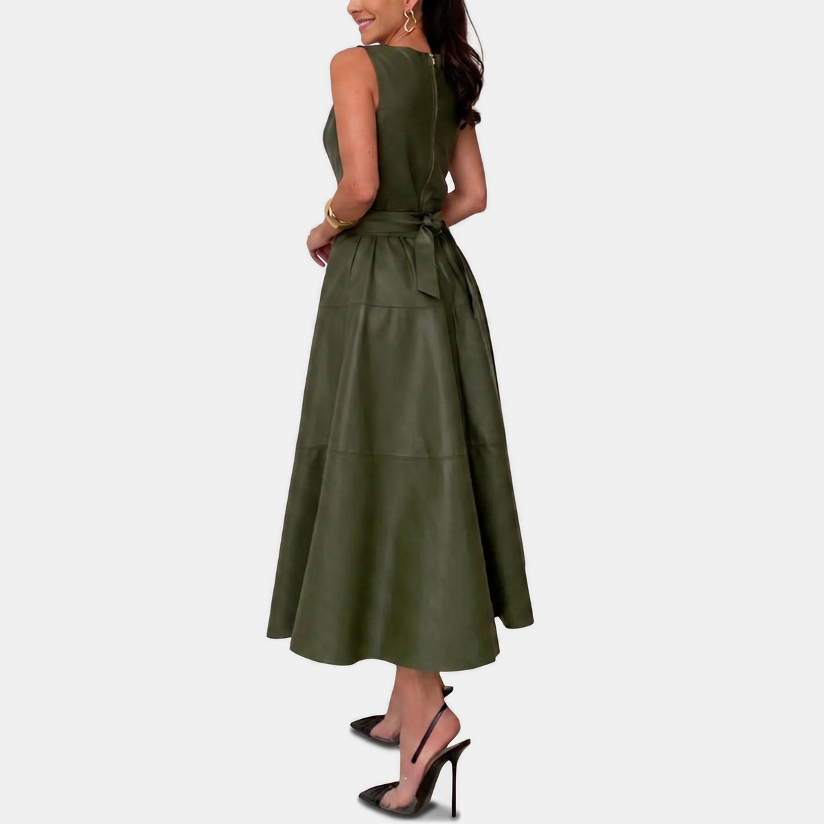 Odile | Faux Leather Belted A-Line Midi Dress
