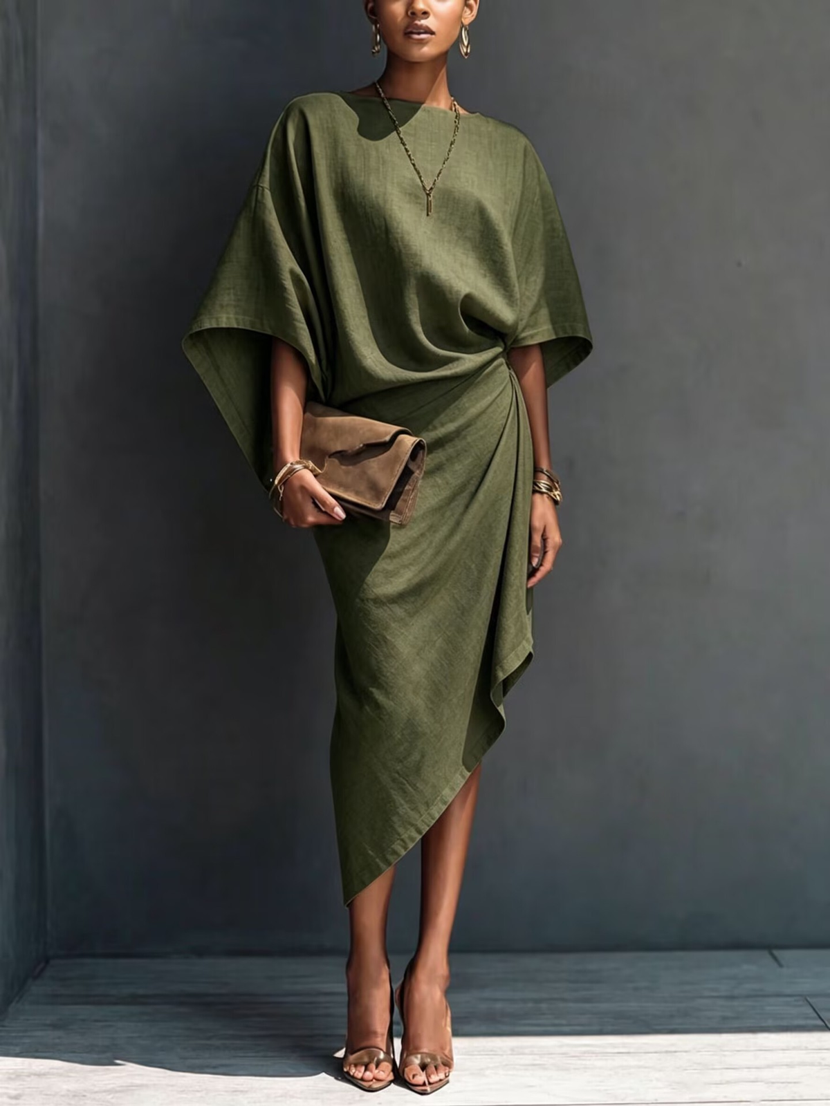 Asymmetric Draped Khaki Midi Dress with Short Sleeves