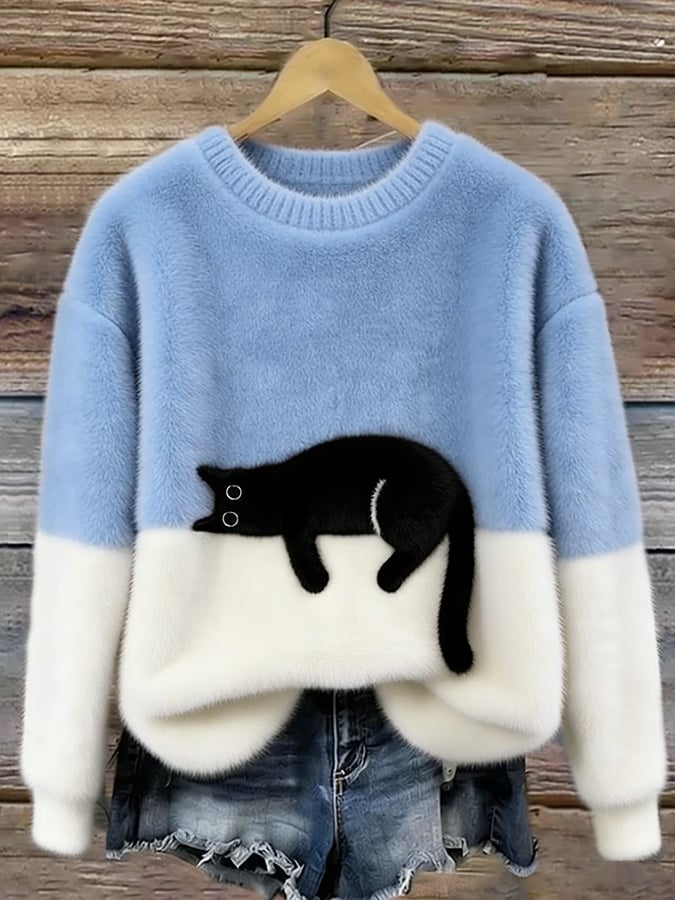 Aileen™ | Elegant Cat Print Oversized Sweater | Light Blue