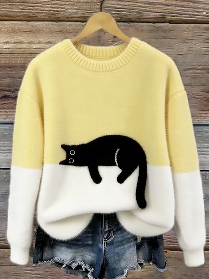 Aileen™ | Elegant Cat Print Oversized Sweater | Yellow