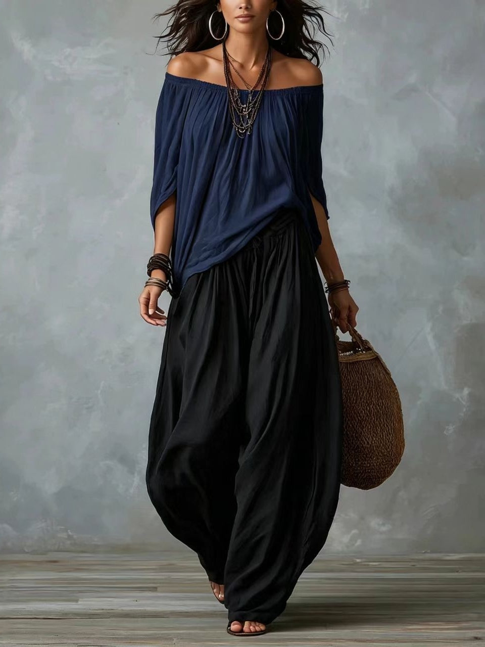White Off-the-Shoulder Top and Wide Lantern Pants Set