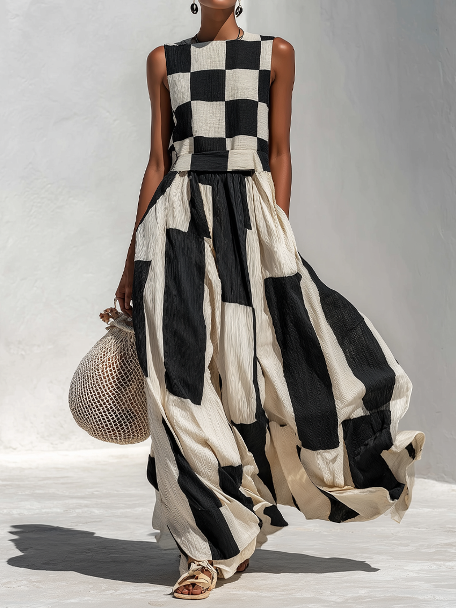 Sleeveless Maxi Dress with Trendy Check and Stripe Panels