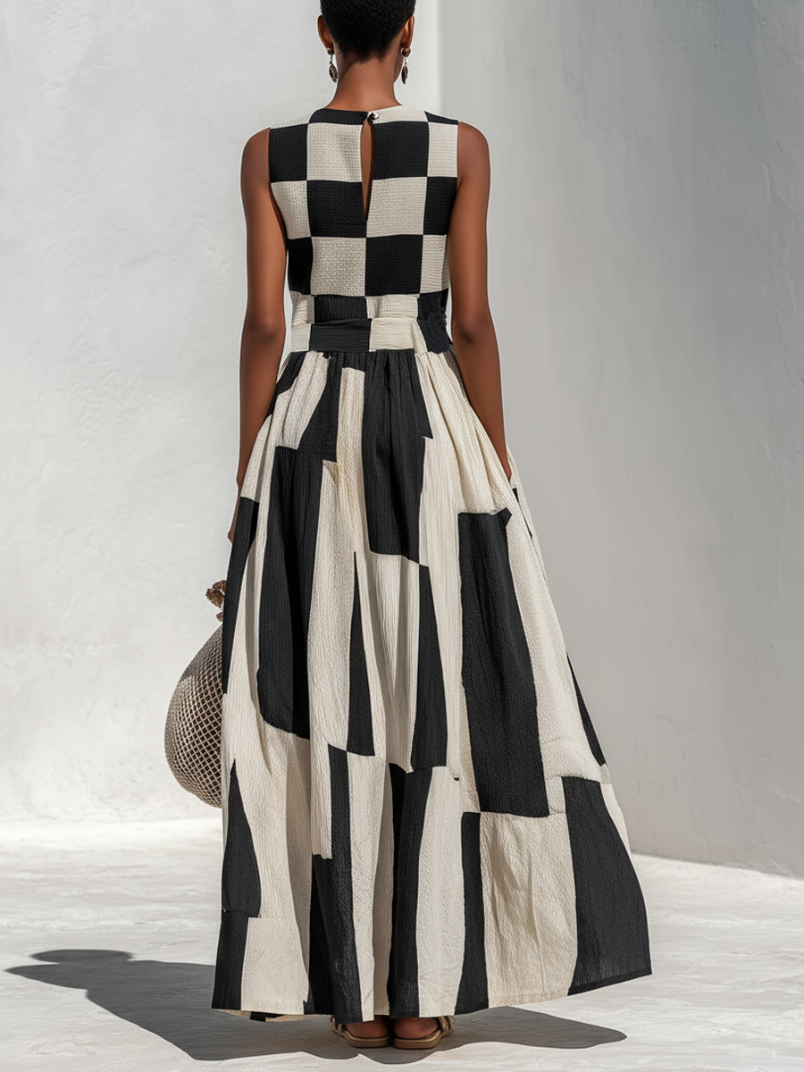 Sleeveless Maxi Dress with Trendy Check and Stripe Panels