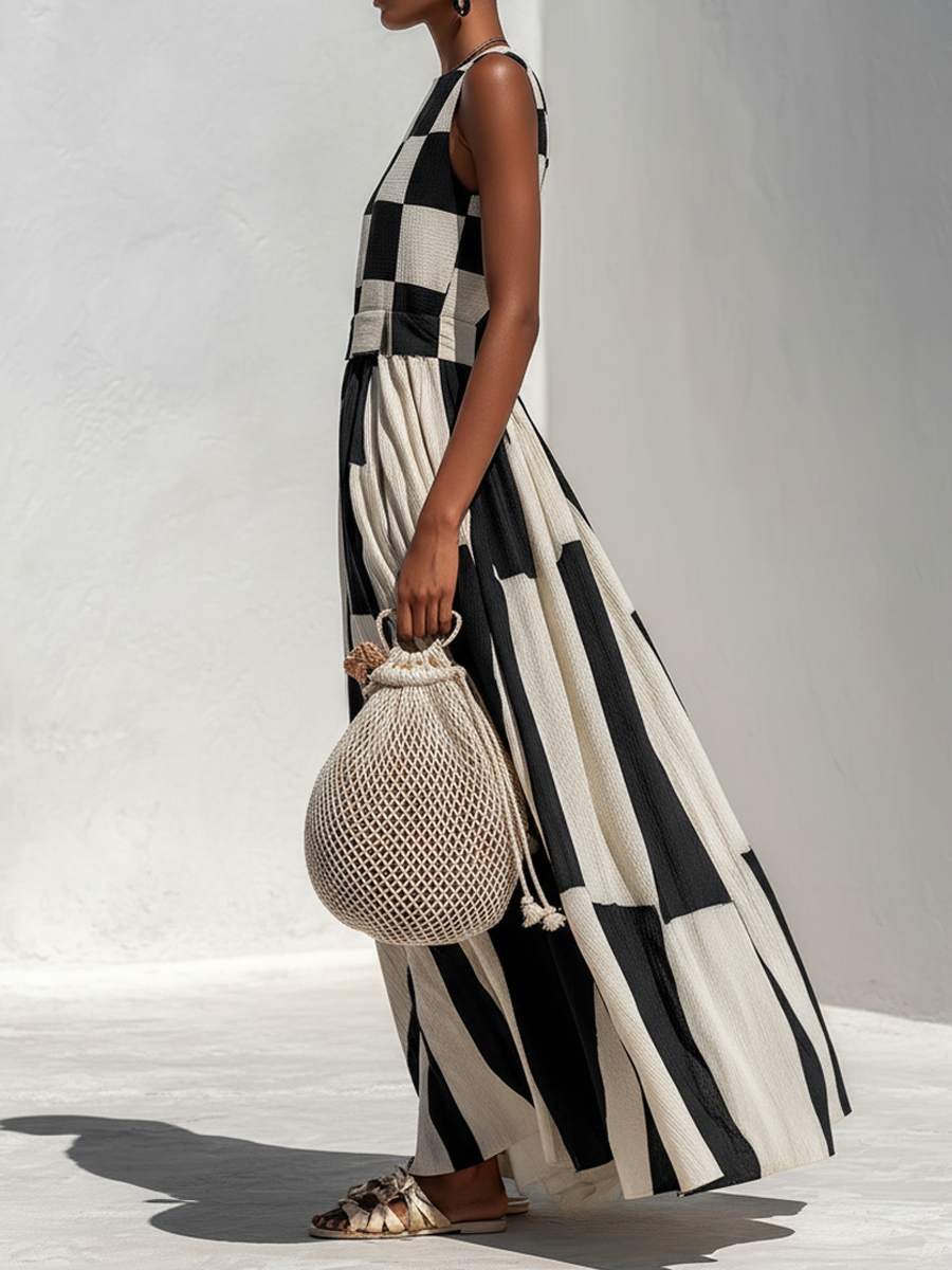 Sleeveless Maxi Dress with Trendy Check and Stripe Panels
