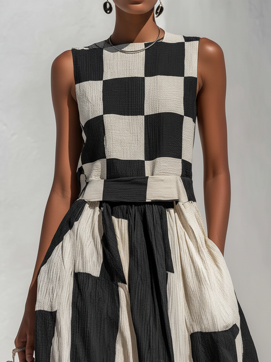 Sleeveless Maxi Dress with Trendy Check and Stripe Panels
