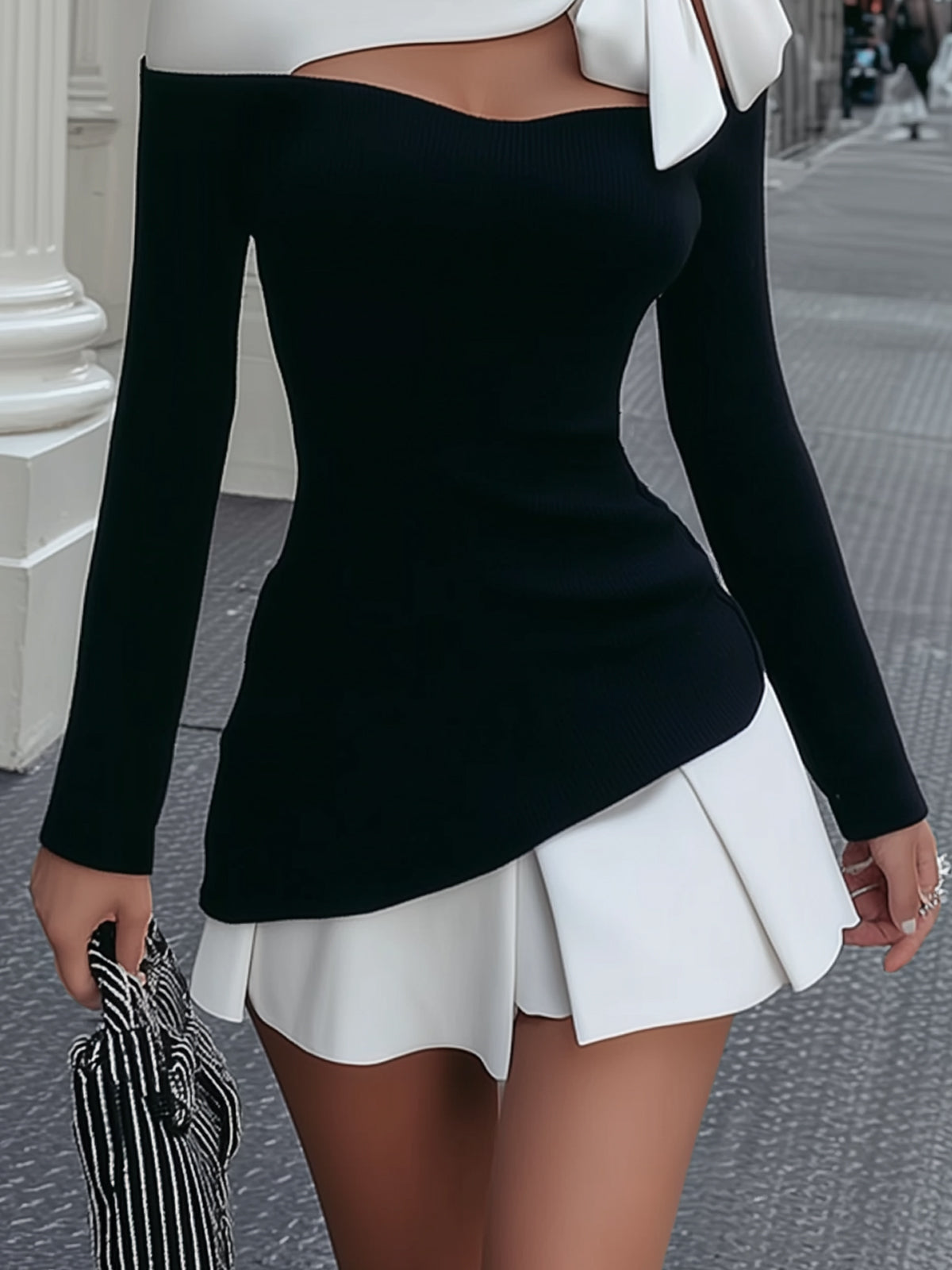 Black and White Mini Dress Set with Shoulder Bow Detail