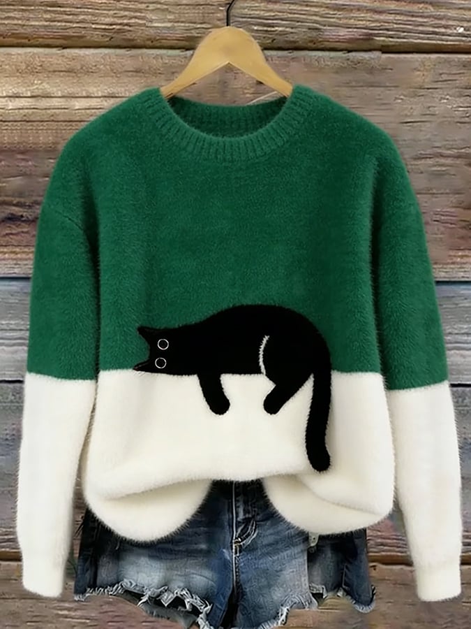 Aileen™ | Elegant Cat Print Oversized Sweater | Green
