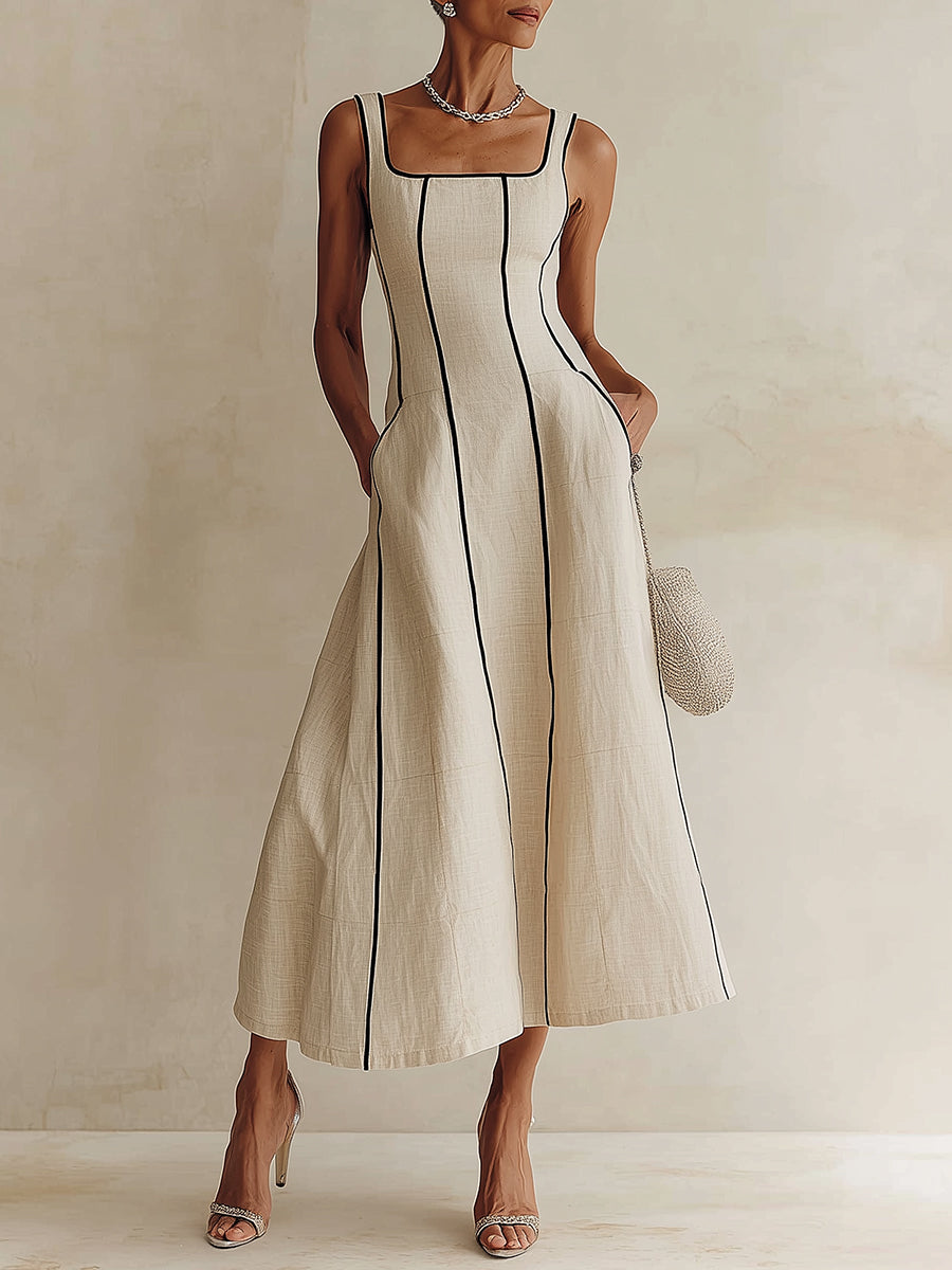 Minimalist Black A-Line Maxi Dress with Apricot Stripes