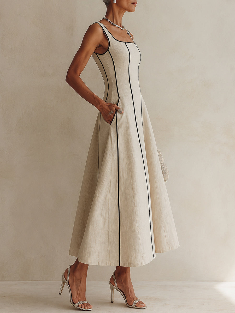 Minimalist Black A-Line Maxi Dress with Apricot Stripes