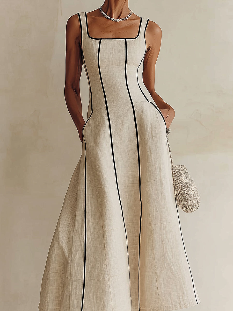 Minimalist Black A-Line Maxi Dress with Apricot Stripes