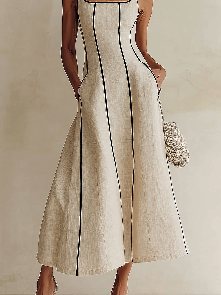 Minimalist Black A-Line Maxi Dress with Apricot Stripes