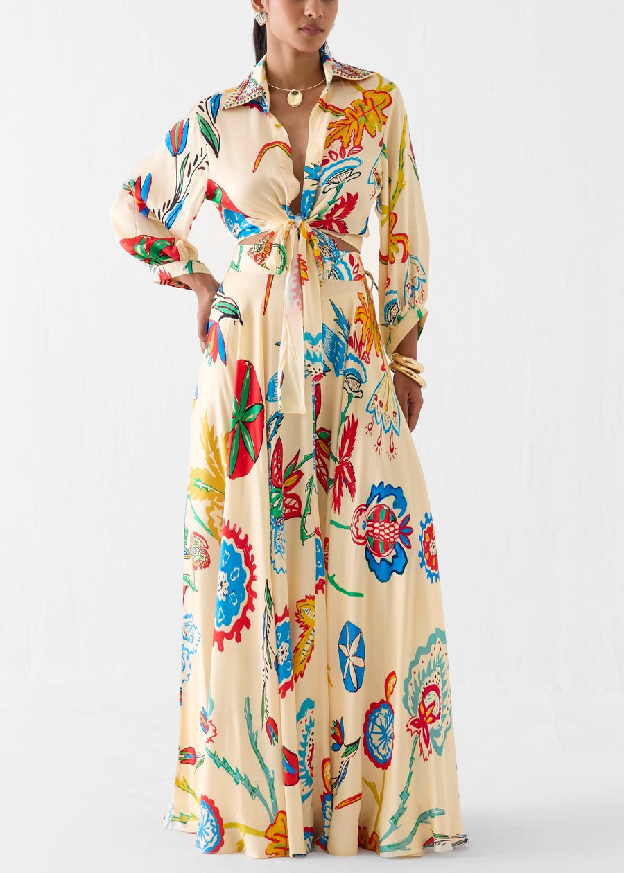 Two-Piece Boho Set: Long-Sleeve Shirt and Tropical Floral Maxi Skirt