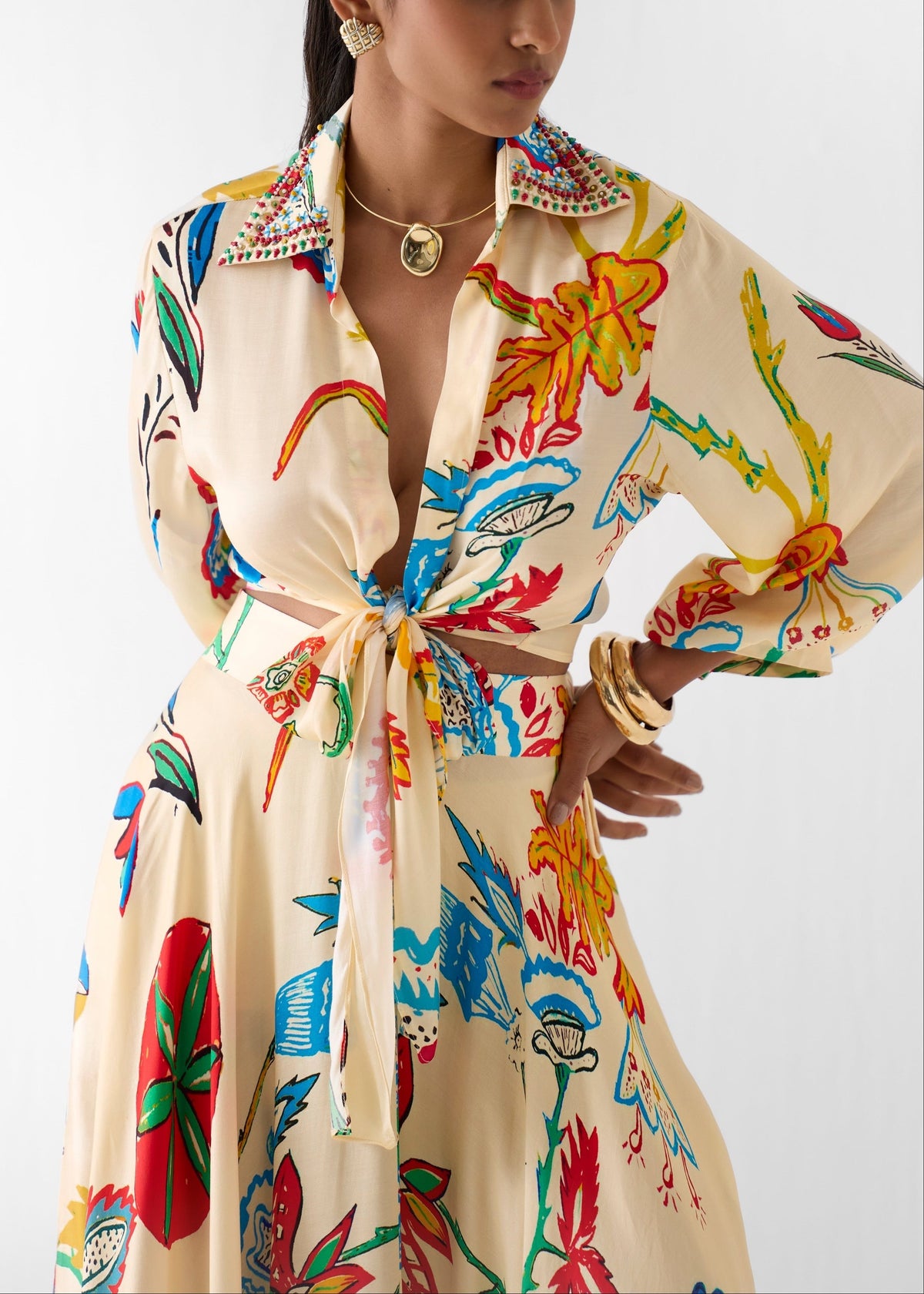 Two-Piece Boho Set: Long-Sleeve Shirt and Tropical Floral Maxi Skirt