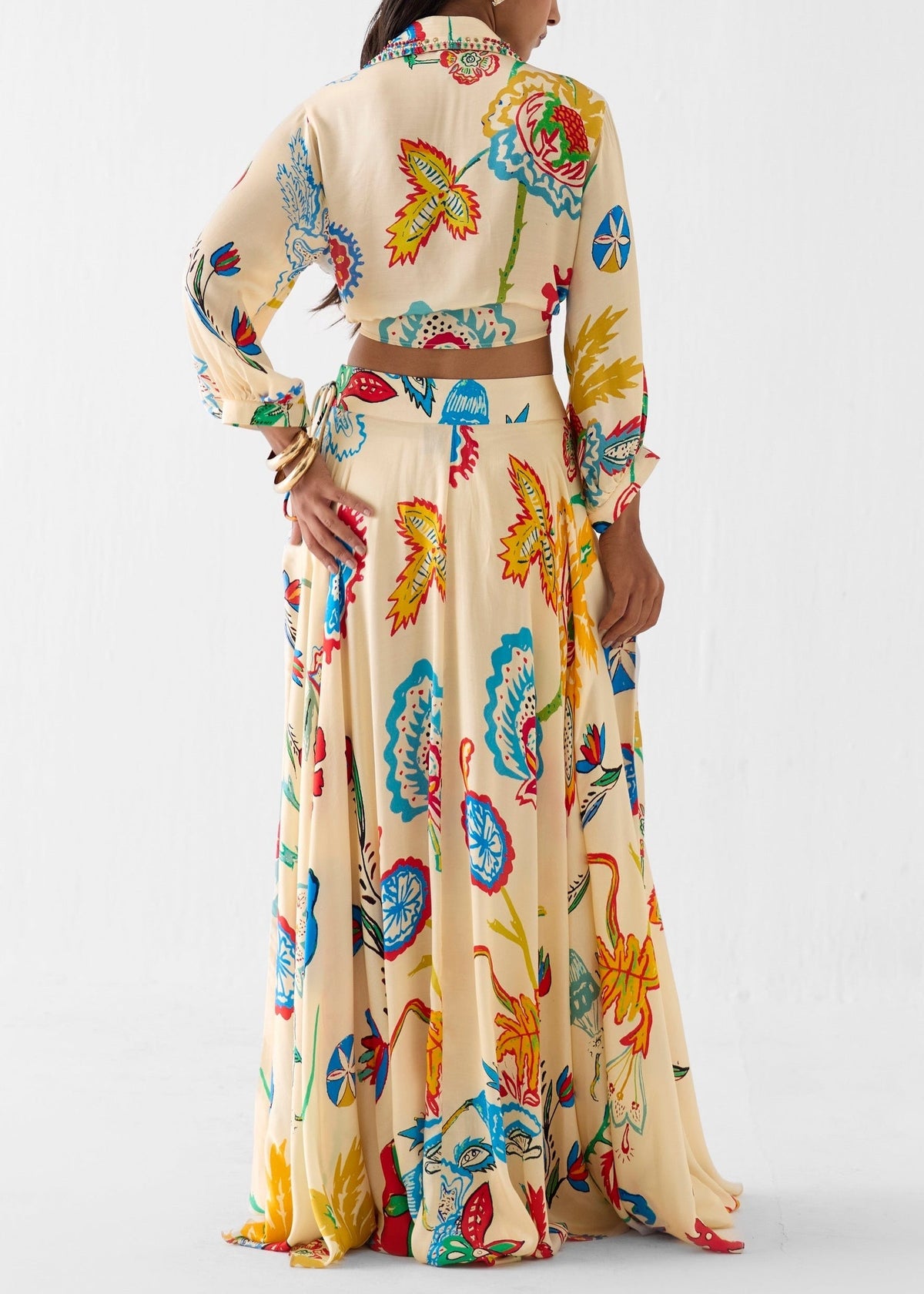 Two-Piece Boho Set: Long-Sleeve Shirt and Tropical Floral Maxi Skirt