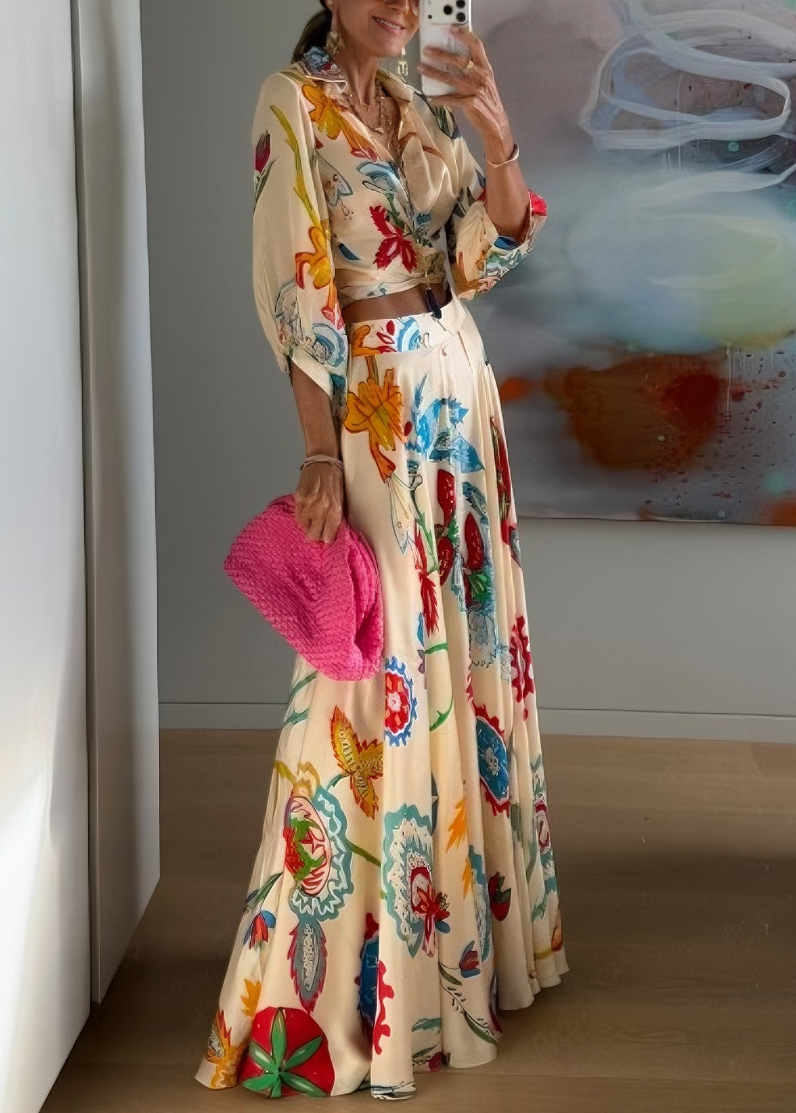 Two-Piece Boho Set: Long-Sleeve Shirt and Tropical Floral Maxi Skirt