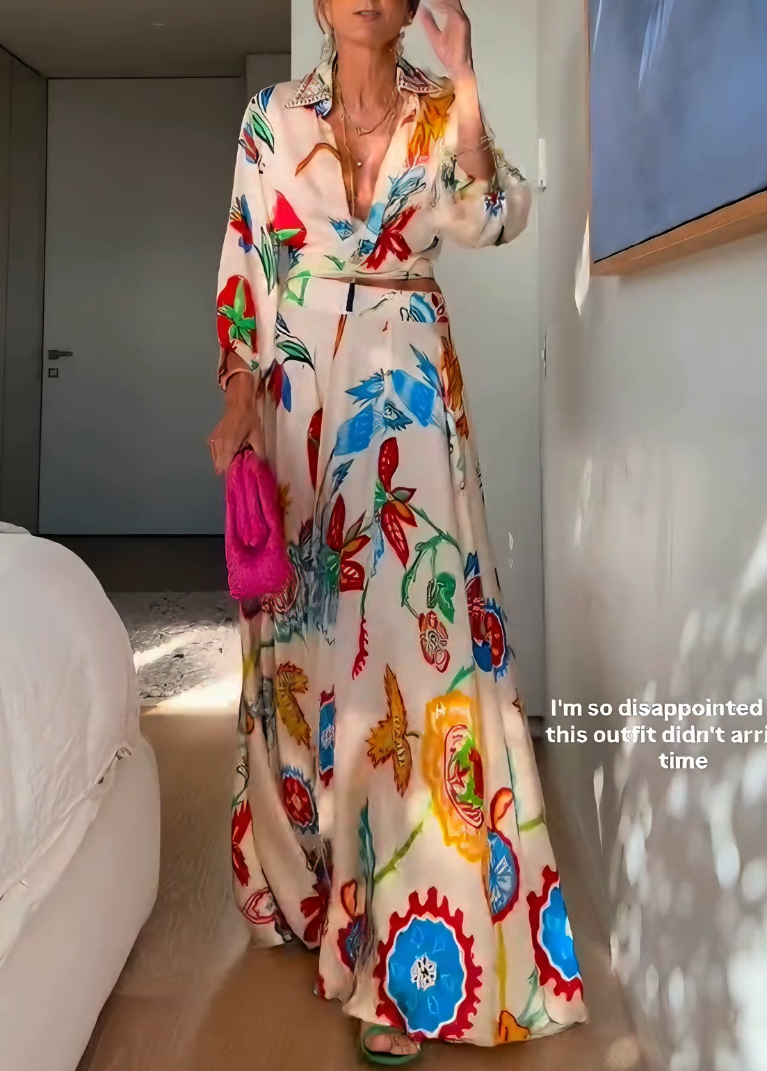 Two-Piece Boho Set: Long-Sleeve Shirt and Tropical Floral Maxi Skirt
